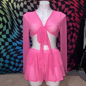 MESH TIE FRONT TOP & RUFFLE SKIRT